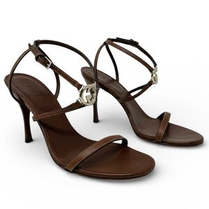 Gucci Tom Ford Era GG Logo Brown Leather Strappy Heels Sandals 37C Y2K Vintage